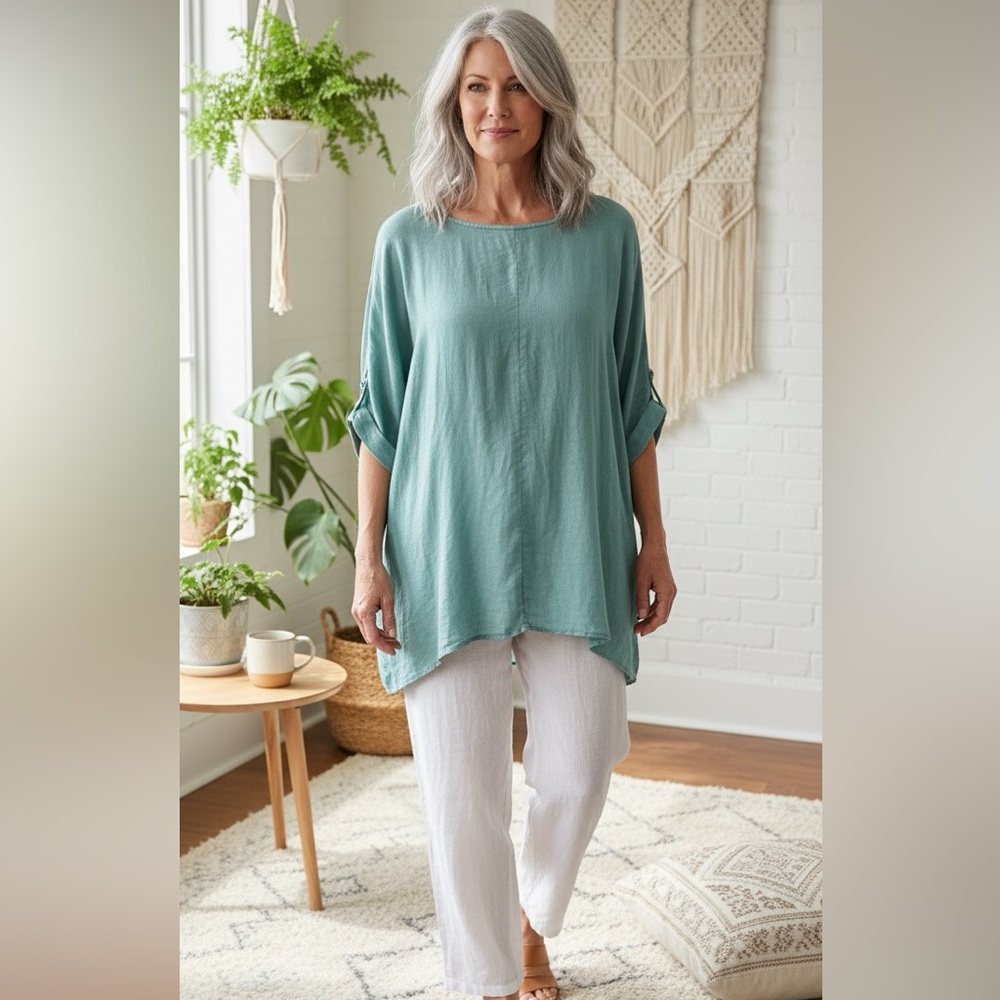 Purejill 2X garment dyed linen oversized popover blouse Lagenlook minimalist